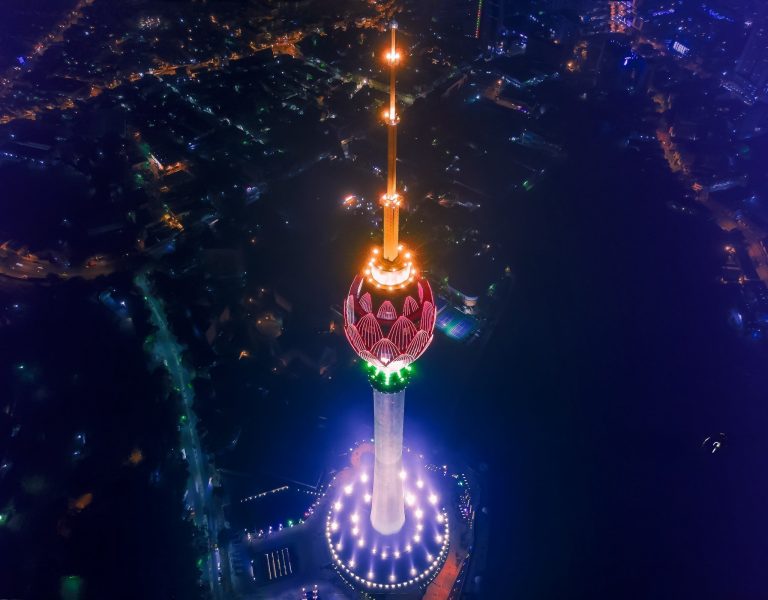 Aerial night view of Lotus Tower, Colombo, Sri Lanka